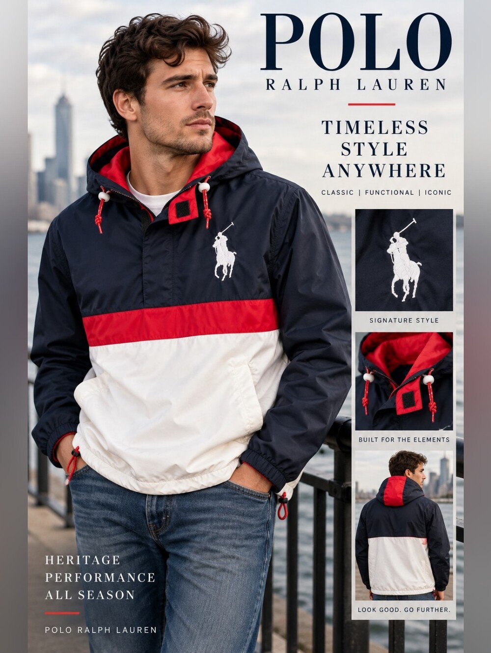 Polo Ralph Lauren Colorblock Hooded Windbreaker Navy Red White